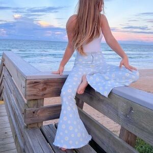 Vici for Peach Love California Light Blueish Green Floral Daisy Flare Pants